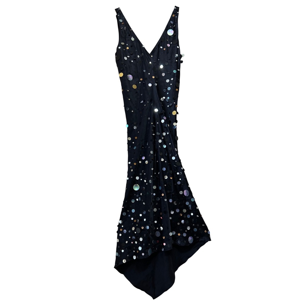 Sheri Bodell Size 4 Vintage Silk Sequin Maxi Dress Black Holographic Glam Gown